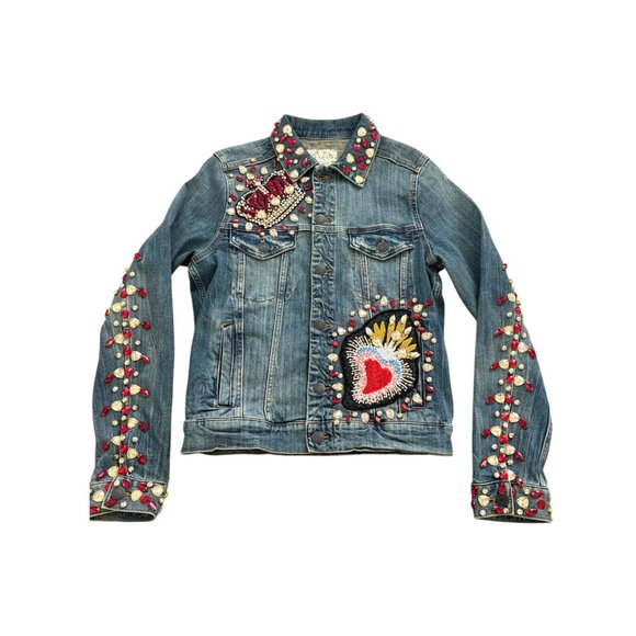 Aeropostale XS Mens Embellished Denim Jacket With Beaded Heart & Cherub Details - Picture 1 of 6